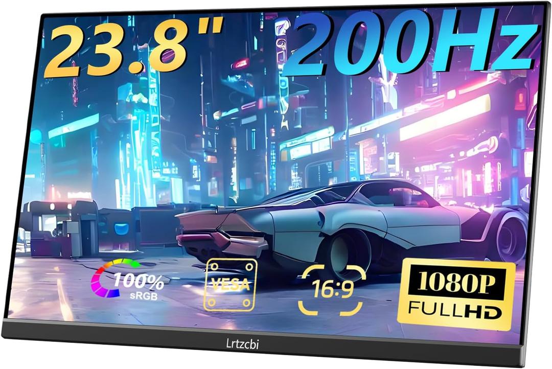 23.8" Large Portable Monitor 200Hz FHD 1080P IPS Freesync External Computer Display with USB C HDMI, Built in Speakers and Stand Portable Gaming Monitor for Laptop Phone PC Mac PS4 Xbox