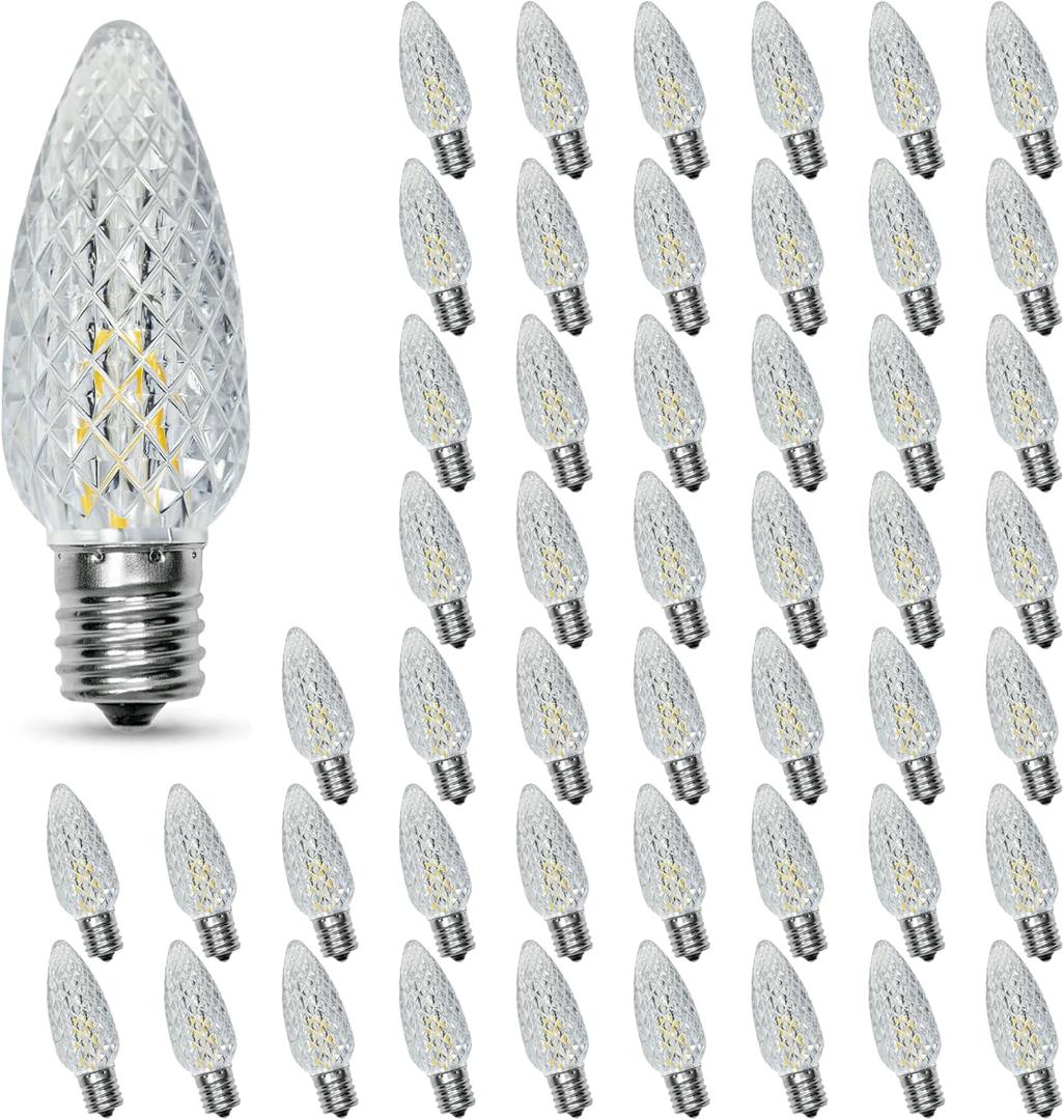 50PACK C9 Christmas Lights LED Replacement BulbsShatterproof & Waterproof Plastic C9 Led Bulbs for Outdoor String Lights, E17 Base, 0.6W Equivalent to 7W, Warm White 2700K, 50LM Holiday Decoration