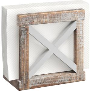 Barnyard Designs Farmhouse Napkin Holder for Table - Vintage Rustic Distressed Wooden Napkin Holder Dispenser for Kitchen, 5.5" x 5.5" (White/Brown)