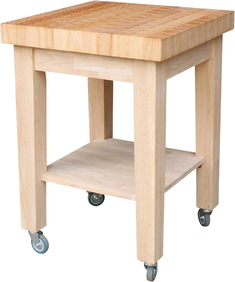 International Concepts 33" Rolling Kitchen Island Cart with Butcher Block Top, Solid Wood, Unfinished, Mobile Prep Station with Storage Shelf