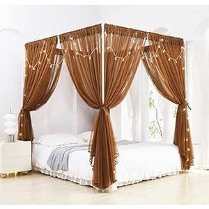 Akiky Canopy for Girls Room Bed Curtains Sheer Curtain for Twin Full Queen Size Bed Drapes,8 Panels Canopies with Light,Room Dcor(Full/Queen, Coffee)