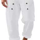 Mens Linen Pants Casual Summer Vacation Baggy Beach Pants Buttoned Elastic Waist Drawstring Yoga Trousers with Pockets (White, XXL)