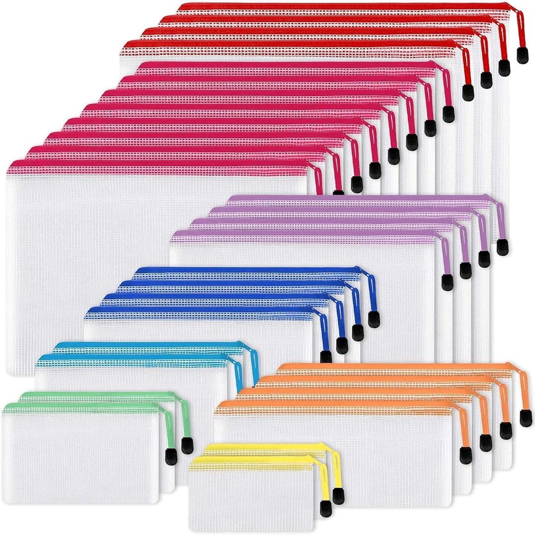 Amazon Basics 30-Pack Mesh Zipper Pouch Bags, 8 Sizes Waterproof Storage Organizers with Zipper, Multipurpose Clear Travel Document Bags for Office Home School Organization (8 Colors)