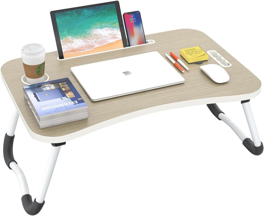 BUYIFY Folding Lap Desk, 23 Inch Portable Wood Brown Laptop Bed Desk Lap Desk with Cup Holder, for Working Reading Writing, Eating, Watching Movies for Bed Sofa Couch Floor