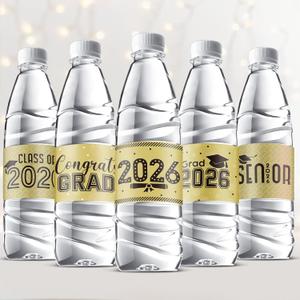 Outus 39 Pcs Graduation Decorations Water Bottle Labels 2026 Congrats Grad Stickers Class of Party Supplies for High School College Nursing Doctorate Graduation Celebration (Gold)