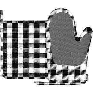 Mxocom Black Checked Pattern Oven Mitts and Pot Holders Sets Gingham Plaid Check Black Silicone Heat Resistant Kitchen Oven Gloves Pot Holder for Cooking