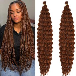 Boho Curly Braiding Hair Honey Brown Deep Ocean Wave Crochet Hair Boho Braids 24 Inch 2 Packs Wavy Havana Curls Braiding Hair Pre Stretched Synthetic Bohemian Crochet Braids Hair Extensions