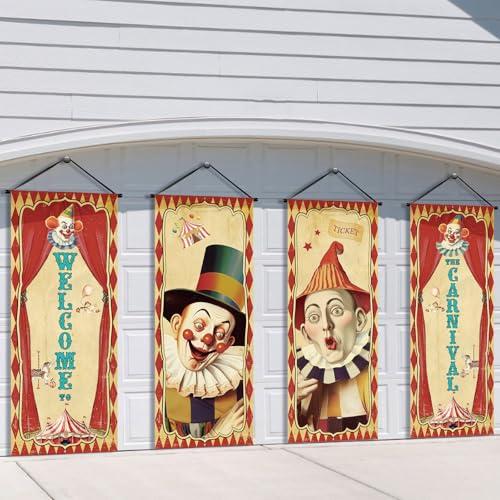 Tiamon 3 Pcs Vintage Christmas Halloween Carnival Porch Banners Retro Santa Clown Stretching Portraits Wall Decorations Gothic Porch Sign Backdrop for Xmas Indoor Outdoor Hanging Decor (Circus)
