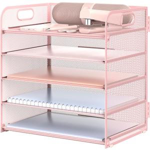 Sinboun Letter Tray Paper Organizer 5-Tier Desk Organizer File Organizer Paper Holder with Handle, Metal Desktop Document Shelf Tray Office Classroom Organization - Pink, PK5CENGTISHOU