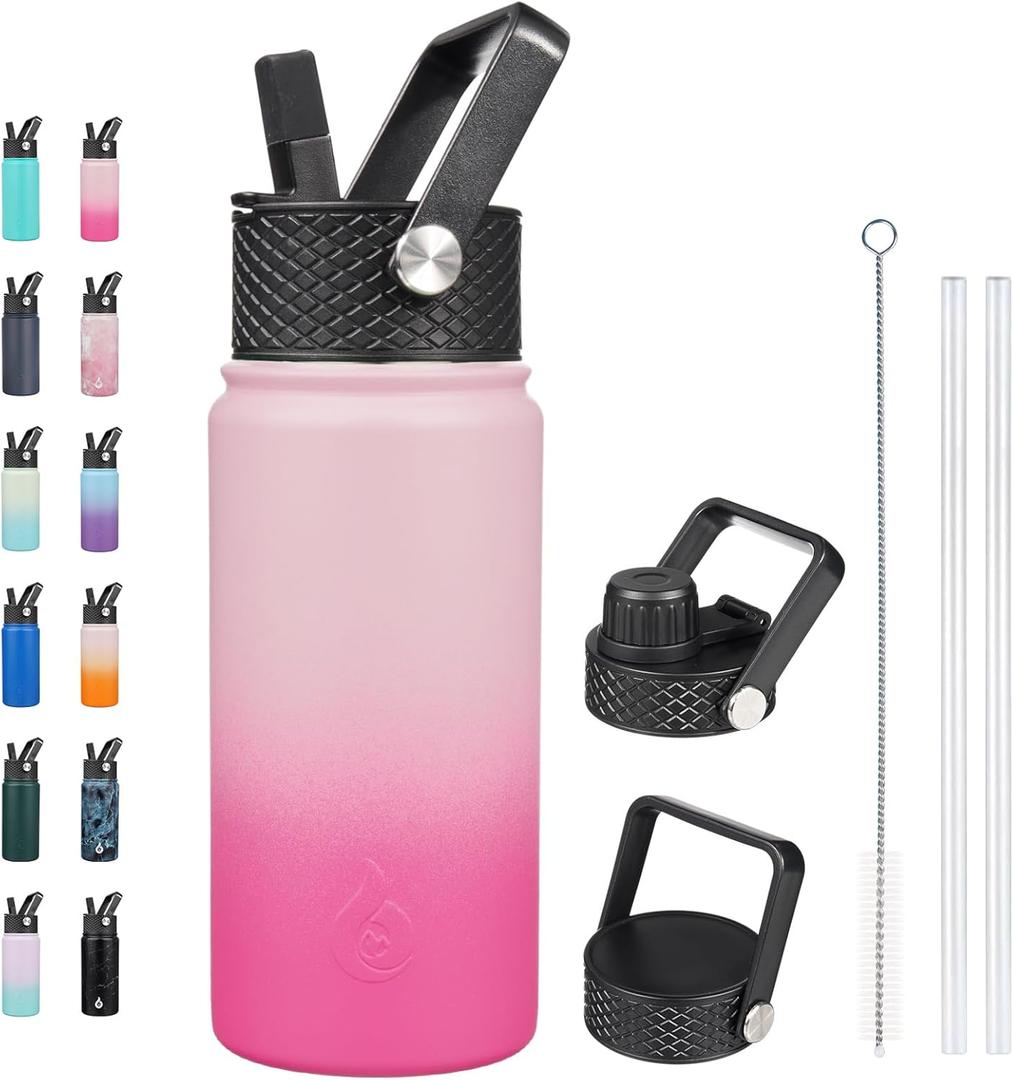 BJPKPK Insulated Water Bottles with Straw Lid, 18oz Stainless Steel Metal Water Bottle, Cold Hot Thermos with 3 Lids, Leak Proof BPA Free Travel Cup, Wide Mouth Flasks, Thermos -Cherry