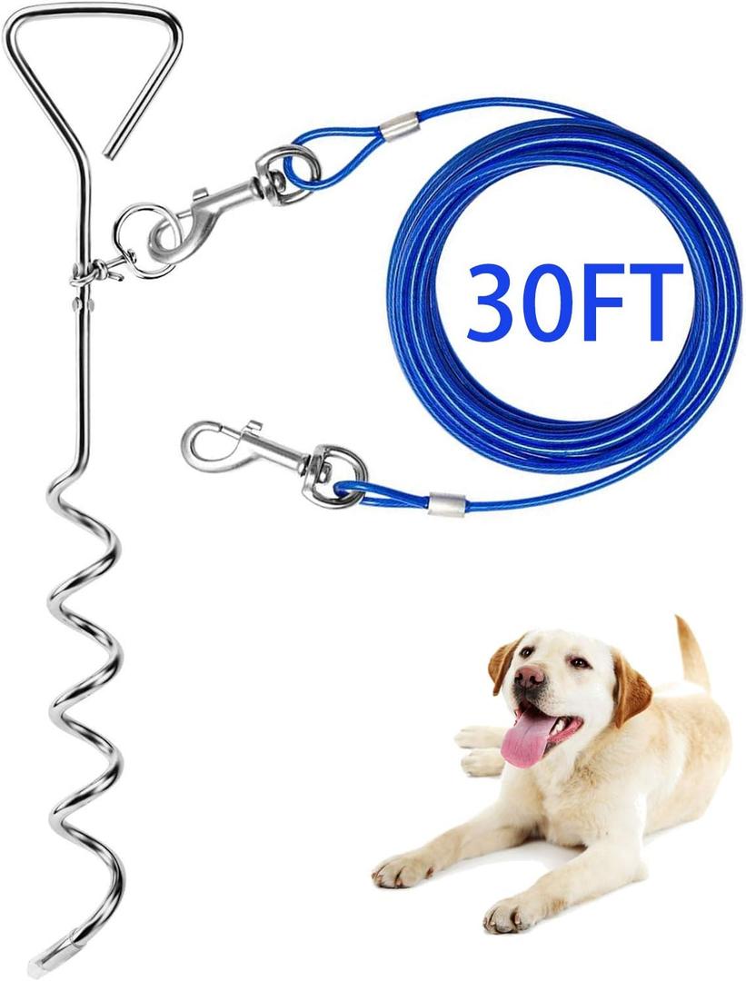 Dog Tie Out Cable and Anti Rust Spiral Stake , 30ft Outside Leash&Chain for Camping and Yard, 16'' Heavy Duty for Medium-Large Dogs Up to 125 lbs (30FT, Blue)