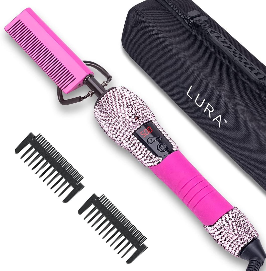 LURA Pink 180-500F Hot Comb Electric for Wigs, Straightening for African American Hair,Pressing for Natural Black, Bling Diamonds Straightener Brush for Women Thick Hair