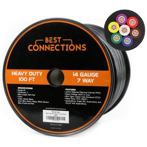 BEST CONNECTIONS 7 Way Trailer Wire (100 Feet) Heavy Duty 14 Gauge 7 Conductor Insulated Cable Durable, Weatherproof, Color-Coded 7 Way Wiring Extension for RV and Automotive