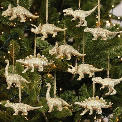 Fiwochic 12 Pcs Gold Dinosaur Christmas Tree Ornaments 3D Xmas Hanging Dino Ornament Monsters Dinosaur Decor Animal Cute Plastic Decorations for Christmas Tree Gifts Birthday Party