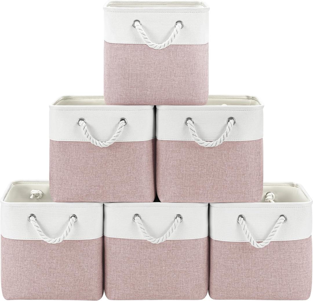 11x11 Cube Storage Bins, 6 Pack Foldable Fabric Organizer Bins with Rope Handles, Storage Cubes for Organizing Bedroom, Living Room, Clothes and Toys, Shelves and Closet (White & Pink)