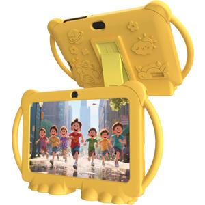 Kids Tablet 7 inch Android 12.0 for Toddler, 4GB RAM 32GB ROM Bluetooth IPS Screen Parental Control Dual Camera Shockproof Case for Educational Games (Yellow)