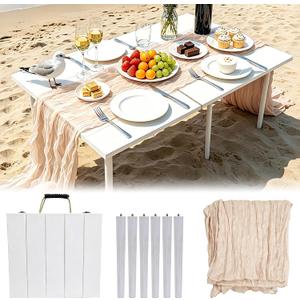 43" x 22" Folding Picnic Table, Portable Wooden Table with Handle, Long Table Runner, Boho Outdoor Low Table Set for Beach, Camping, Yard, Wedding, Party (Beige), 43" x 22" x 14.6"