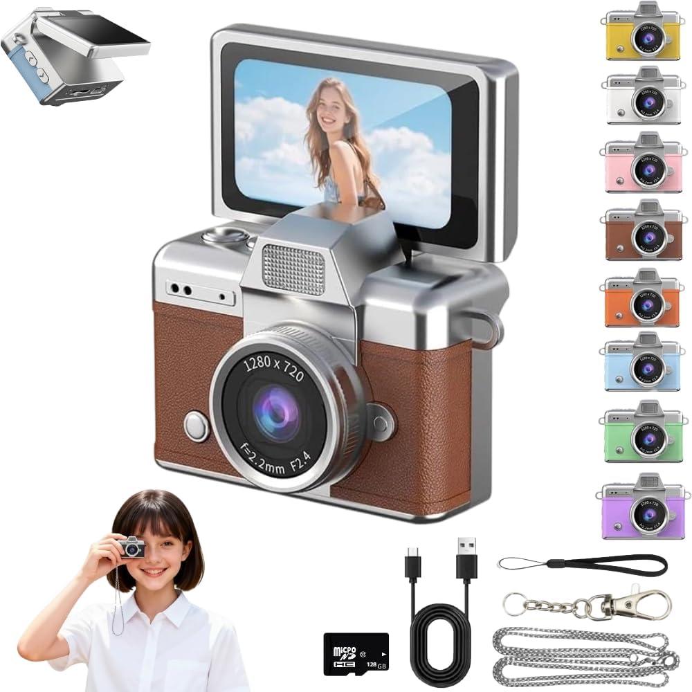 Mini Keychain Digital Camera Retro Mini Digital Video Camera Small bodycam 1080P FHD Recording with 0.96" IPS Screen with 6 Retro Filters AVI Format-Ideal for Phone Transfer (Brown, 128G)