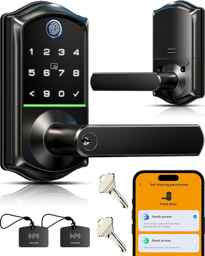 Veise VE019 Fingerprint Smart Lever Lock, App Control, Keyless Entry Door Lock with Handle, Touchscreen Keypad Knob for Front Door and Bedroom, Remote Access Sharing, IP55 Waterproof, Matte Black