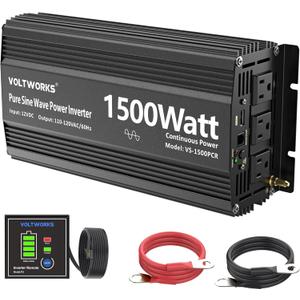 Power Inverter 1500Watt Pure Sine Wave Inverter 12V to 110V 120V AC with UL Fuses Compatible with Lithium Battery for Home RV Truck Off-Grid Solar with 15FT Battery Level Monitor Remote by VOLTWORKS