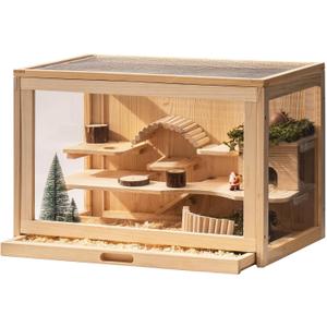 Mewoo Wooden Hamster Cage for Dwarf Hamsters Large Acrylic Hamster Cage and Habitats with Hideout & Shelf & Ladder, Small Animal Cage for Guinea Pig Rat Mouse Gerbil (23.6" L x 15.7" W x 15.7" H)
