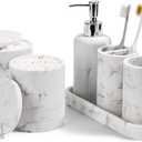 Bathroom Accessories Set, 6-Piece Bathroom Accessory Set, Toothbrush Holders Set, Soap Dispenser, Vanity Tray, Tumbler, Cotton Swab Jars, Bathroom Organizer for Modern Bathrooms (Marble White)
