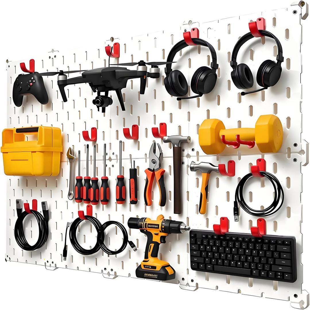 Kulle Peg Board, 8 Pack Pegboard Wall Organizer, Plastic Pegboard Panels, Easy Install Heavy Duty Peg Board for Walls Home, Garage Tool Storage, Office Organization, Craft Room, Kitchen(White)