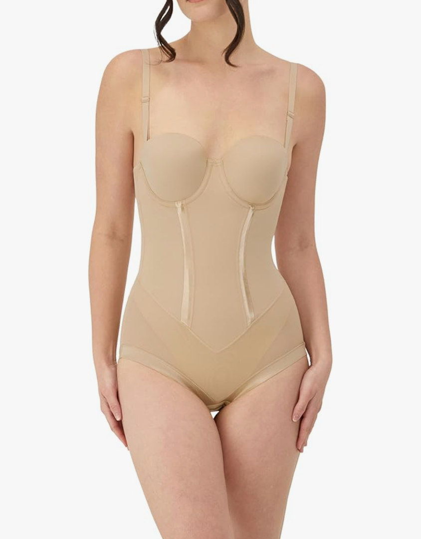 Maidenform Women's Shapewear Tummy Control Bodysuit, Built-In Bra Convertible to Strapless, Ultra Firm Shapewear Bodysuit, Size 36.