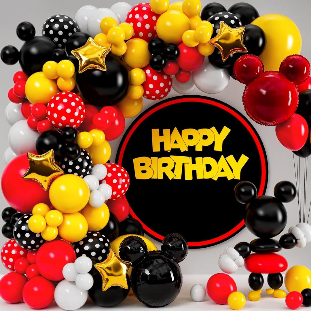 ALL-IN-1 Red Black Yellow Balloon Arch Kit with BONUS Gold Stars for Cartoon Birthday Party Decorations - Different size Balloons in Red Yellow and Black color for Birthday Decorations