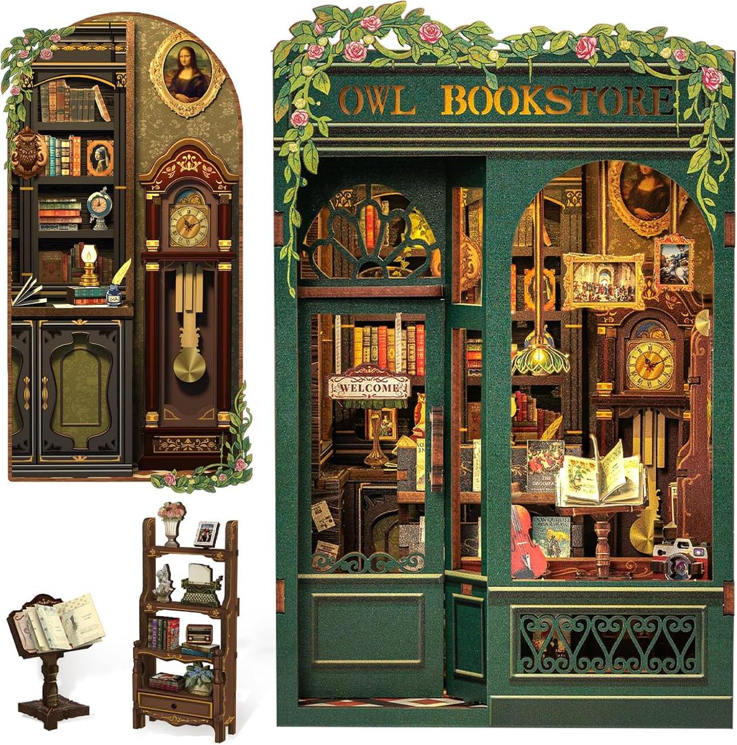 Cutefun Book Nook Kit - DIY Miniature Dollhouse Kit for Adults, Teens and Beginners, Tiny House Bookshelf Decor 3D Wooden Puzzles, Best Birthday and Valentine's Day Gifts (Owl Bookstore)
