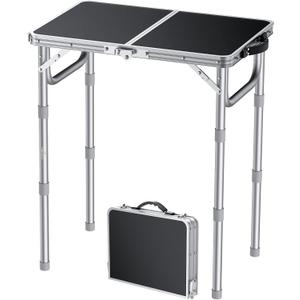 FUNYKICH 2ft Small Folding Camping Table, 3 Height Adjustable Portable Picnic Table, Lightweight Aluminum Outdoor Tables with Carry Handle for Camping, Picnic, BBQ, 58x40cm(L22.8 xW15.7), Silver