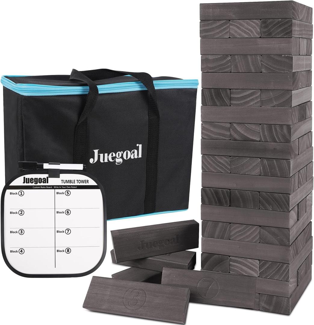 Juegoal 54 Piece Giant Tumble Tower Grey for Adult Kids Family, Wooden Block Stacking Game with Gameboard & Canvas Bag, Outdoor Games for Backyard Lawn Party Playing, 6.9 x 6.9 x 24 Inches, X-Large