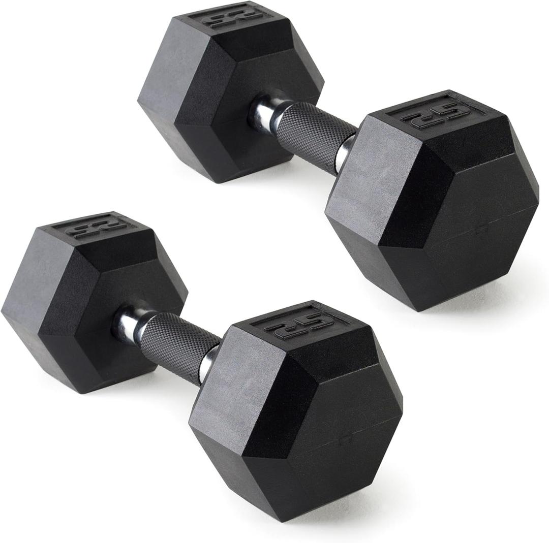 CAP Rubber Coated Dumbbell Weights, Free Weights for Home Gym Strength Training, Anti-Roll Hex Dumbbells with Black, Chrome & Comfort Grip Handles, Pairs & Sets