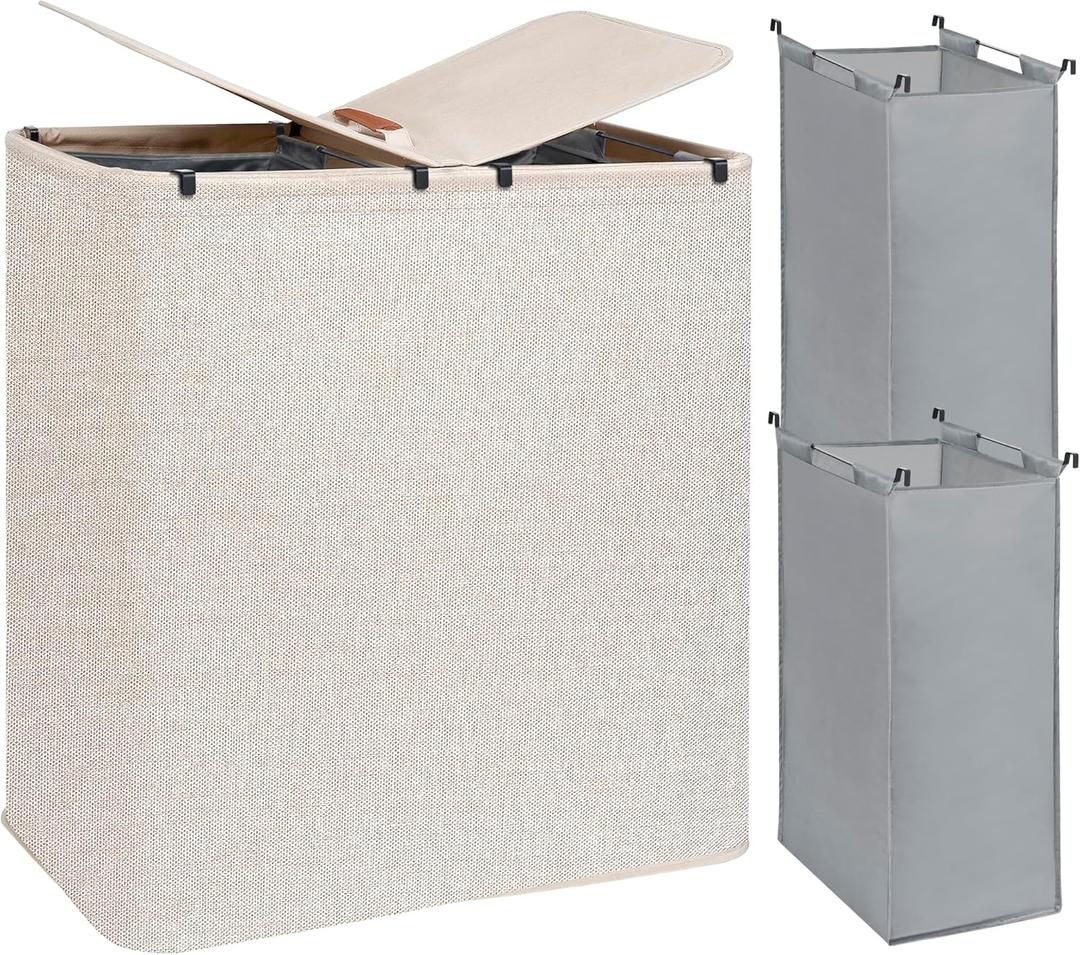 STORAGE MANIAC Double Laundry Hamper, 136L Laundry Sorter with Lid and Removable Bags, Clothes Hamper, Large 2 Section Clothes Basket with Handles for Small Space, Dorm, Closet, Bathroom, Beige