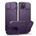 SURITCH for iPhone 14 Plus/15 Plus Case with Magnetic Camera Slide Cover and Adjustable Kickstand, Compatible with MagSafe, Shockproof Bumper Case Slim Protective Cover 6.7 Inch, Dark Purple