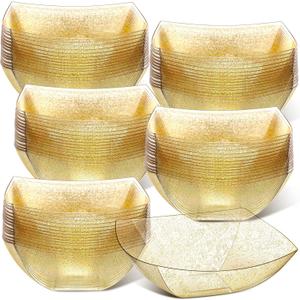 Tanlade 50 Pcs Gold Glitter Square Plastic Serving Bowls Disposable Snack Salad Bowl Small Party Candy Bar Containers Taco Bar Serving Dishes for Buffet Chips Fruit(32 oz)