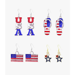 4 Pairs American Flag Earrings Patriotic Red White Blue American USA Flag Earrings Butterfly Flip Flop Sandal Diamond Dangle Drop Earring 4th of July Earrings Patriotic Star Earring for Independence Day Gift