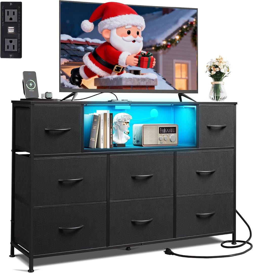 WLIVE Black Dresser TV Stand for 45, 50, 55 inch TV, Entertainment Center with LED Lights & Charging Station, Chest of Drawers with 8 Fabric Drawers and Open Shelves for Living Room, Hallway, Wood Top, 11.73"d X 47.17"w X 26.38"h