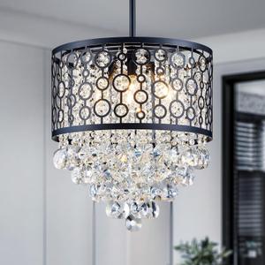 WUZUPS Crystal Drum Chandelier Ceiling Pendant Light Modern Lighting Fixture for Entry Hallway Kitchen Bathroom Bedroom, H 15.7" x W 16.1", E12 Base, Black