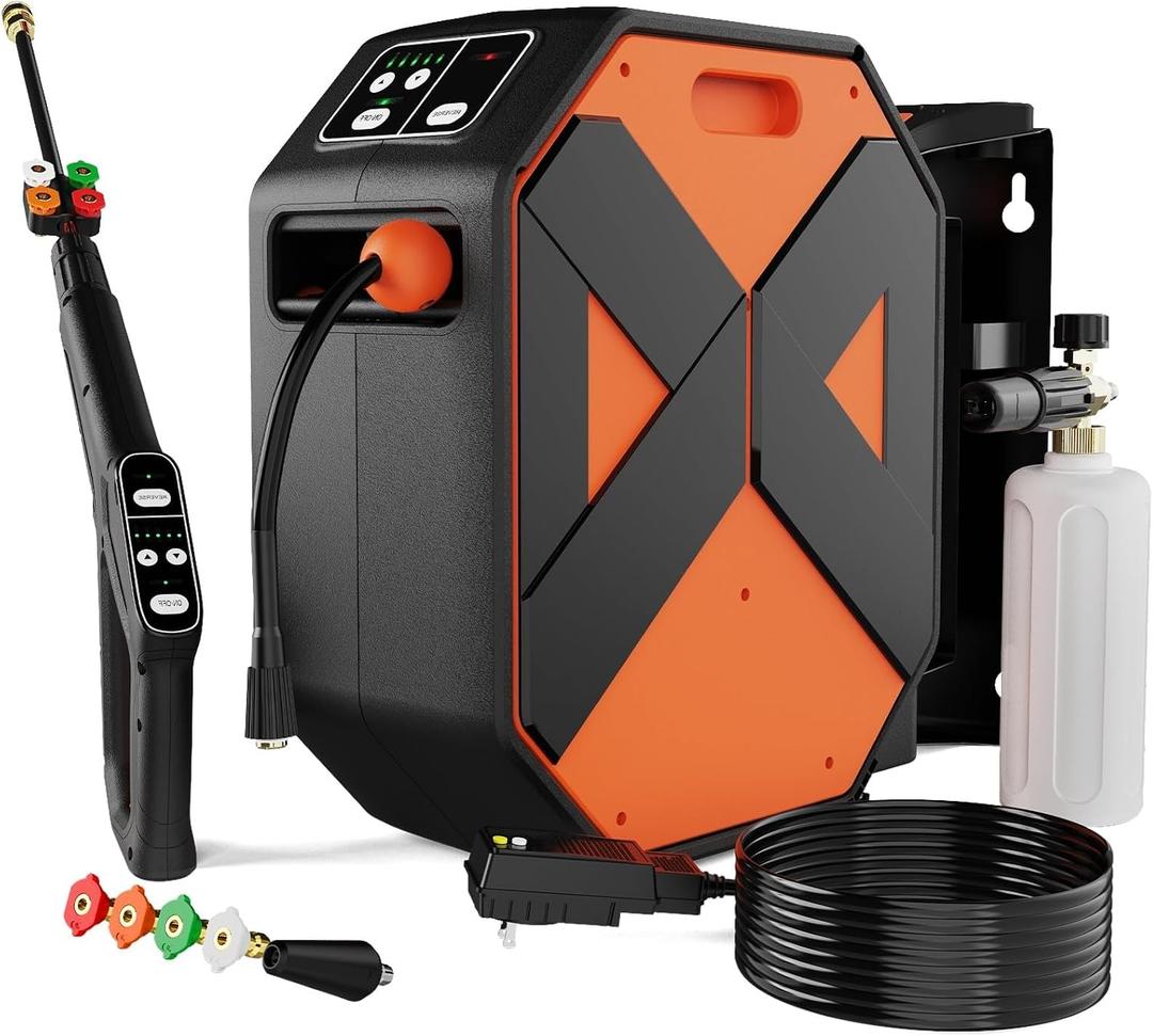 GFCI Wall Mounted 5000PSIMAX PowerWasher with 100FT Retractable Hose, 5-Stage Adjustable Press, Foam Cannon & 5 Nozzles for Car, Lane, Patio Cleaning