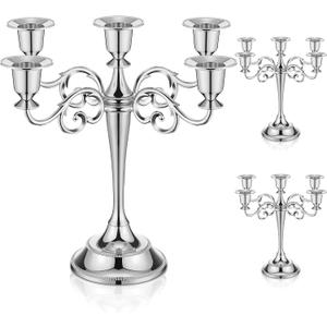 Dandat 3 Pcs 5 Arm Metal Candelabra Candlestick Holders 10.24 Inch Tall Candlestick Holders Gothic Candle Holder for Home Wedding Church Halloween Party(Silver)