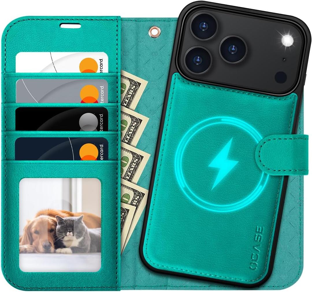OCASE for iPhone 17 Pro Max Detachable Wallet Case with Card Holder, 2 in 1 PU Leather Flip Folio with RFID Blocking Stand Wrist Strap Shockproof Phone Cover 6.9 Inch 2025, Blue Green