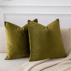 JUSPURBET Throw Pillow Covers 18x18 inch Set of 2 Decorative Velvet Pillow Covers for Couch Sofa Bed Soft Cushion Covers Cases with Invisible Zipper for Living Room Home Decor, Olive Green