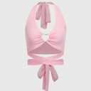 Kawaii Sexy Holiday Knit Heart Metal Ring Tie Bow Spaghetti Strap Camisole For Women - Small