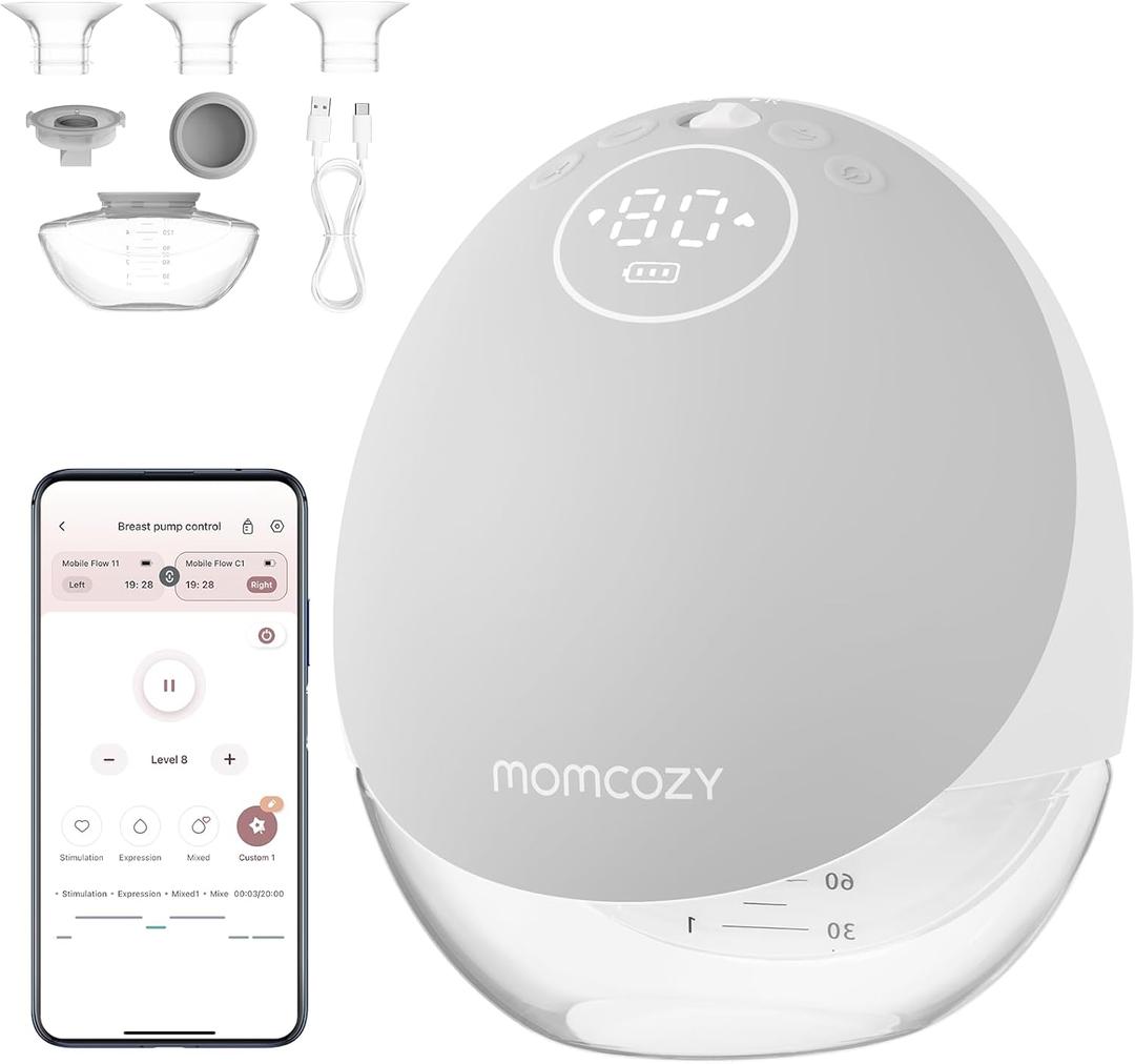 Momcozy Breast Pump Hands Free Upgraded Mobile Flow | M9, App Discreet Control with Personalized Multi-Modes & 15 Levels, Wearable Breast Pump 24mm, 1 Pack Gray