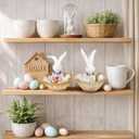 Easter Bunny Resin Decor Set of 2  Cute Rabbit Figurines in Basket with Eggs, Spring Easter Table Decorations for Home, Farmhouse, Office & Party Centerpiece Tiered Tray Shelf Mantel