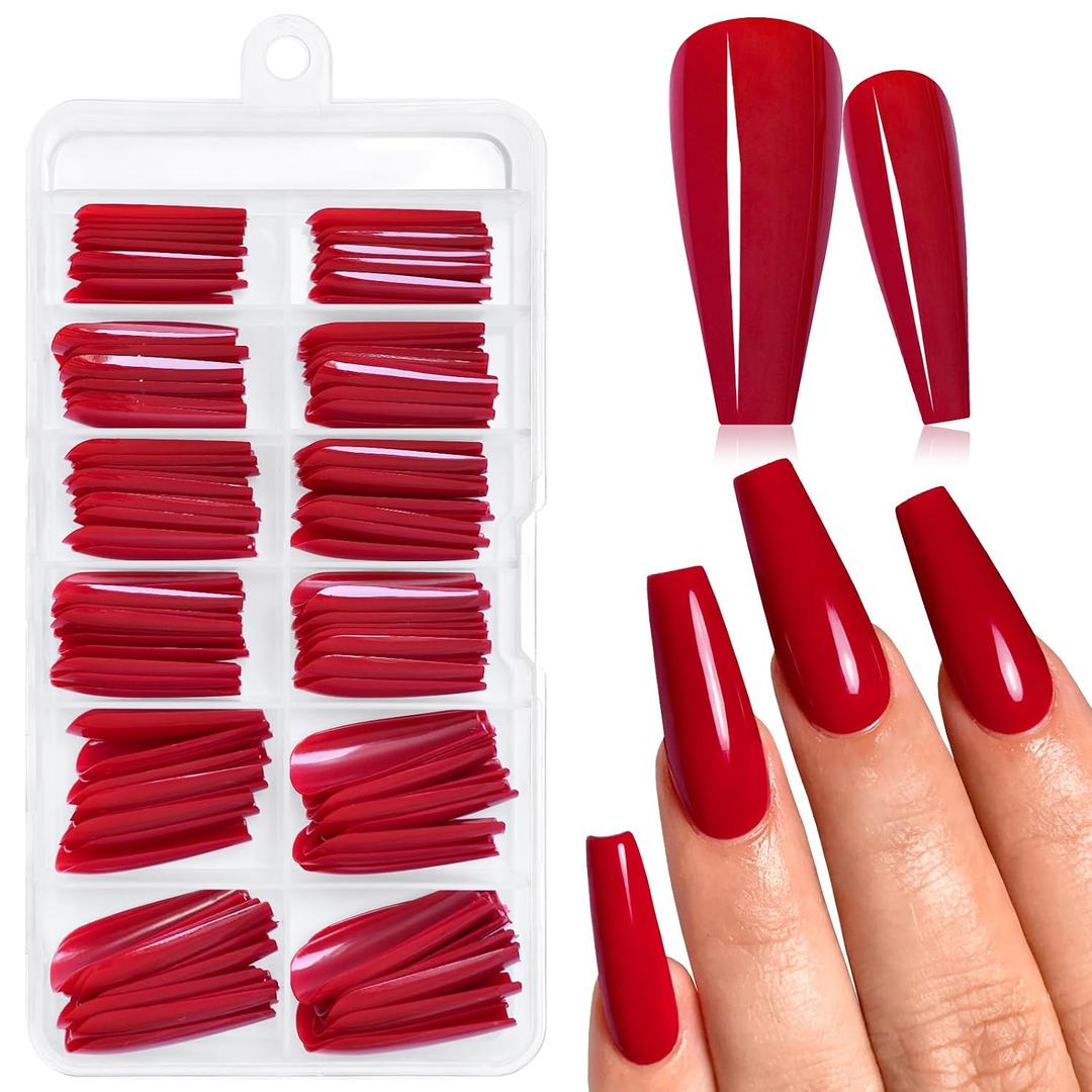 AddFavor Long Coffin Press on Nails Red Fake Nails, 120pcs Full Cover Nails Press ons Artificial False Nail Tips 12 Size Glue on Nails for Women Girls