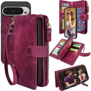 Harryshell Detachable Wallet Leather Case Compatible with Google Pixel 9 Pro XL 6.8" / 10 Pro XL Magnetic Phone Case Zipper with Cash Coin Pocket Multi Card Slot Wrist Strap Lanyard (Flower Wine Red)