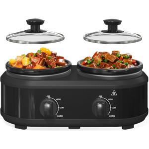 Double Slow Cooker, 2 x 1.25 QT Portable Small Dual Crock Cooker, Buffet Servers and Warmers Dishwasher Safe, Removable Ceramic Pot Glass Lid, Stainless Steel Black