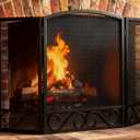 FEED GARDEN 3 Panel Fireplace Screen Wrought Iron 48" W x 29" H Foldable Heavy Duty Fire Spark Guard Cover with Metal Decorative Mesh for Living Room, Home Decor Indoor, Black